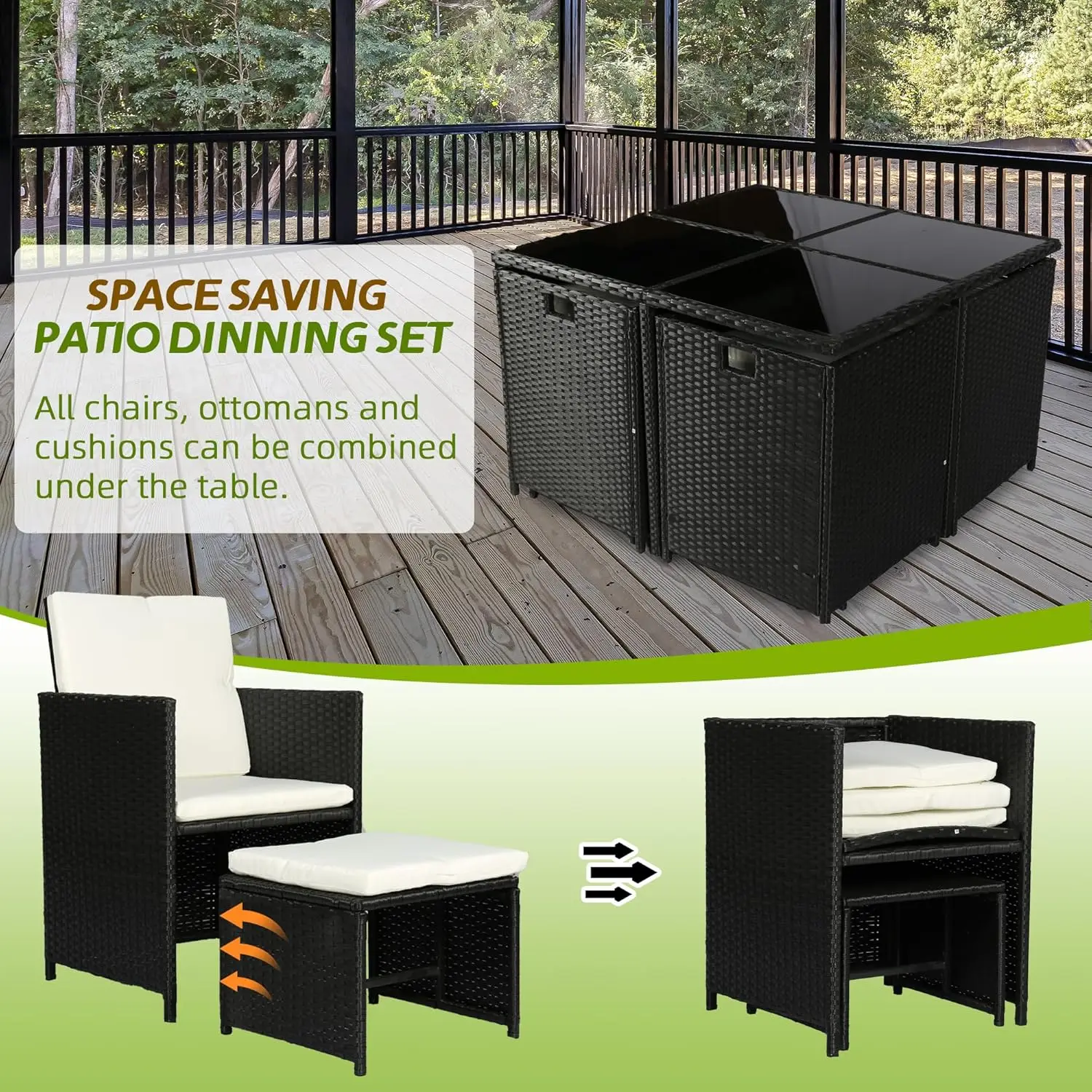 9 Pieces Patio Dining Sets Outdoor Conversation Sets, Space Saving Wicker Chairs with Glass Table and Ottomans, Cushioned