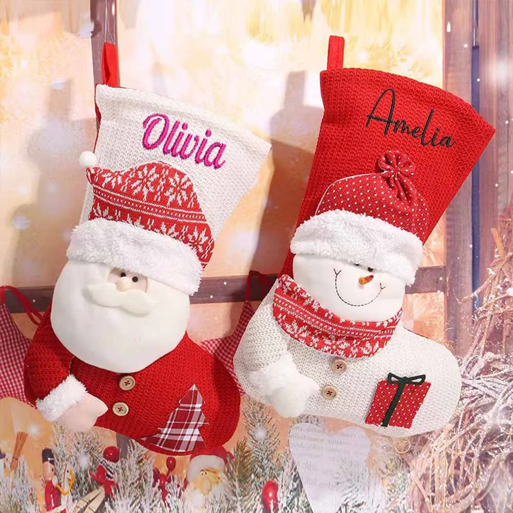 Custom Christmas Socks With Any Name, Red White Knitted Elderly Snowman Apple Bag, Candy Bag,Children Gift Christmas Socks