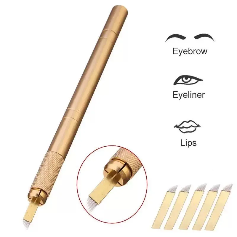 Goldener Tebori 3D Tattoo-Stift + 5 Stück 12-Pin Microblading-Tätowiernadeln, Manuelles Permanent Make-up Set für Professionelle Augenbrauen-Tätowierungen