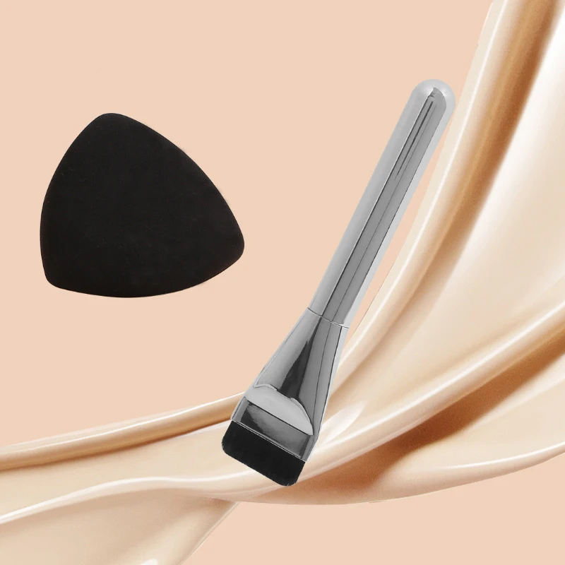 超薄型ヘッド跡のないコンシーラーアプリケーターツール 3-in-1 フラットヘッドファンデーションブラシとブラックメイクアップパフブレンダースポンジ