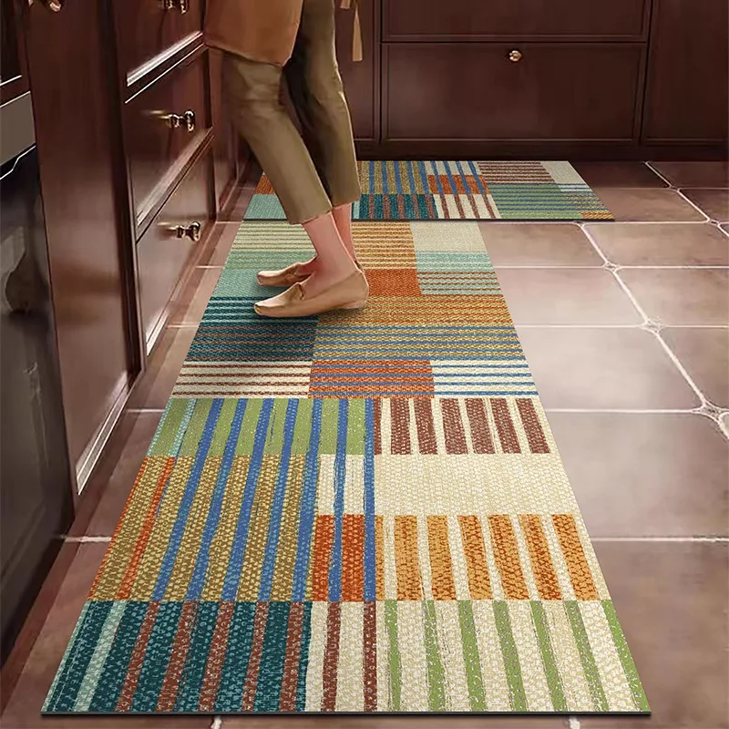 

PVC Kitchen Carpet Waterproof Leather Floor Mat Oil-proof Non-slip Long Foot Mats Color Stripes Ethnic Style Home Decoration Rug