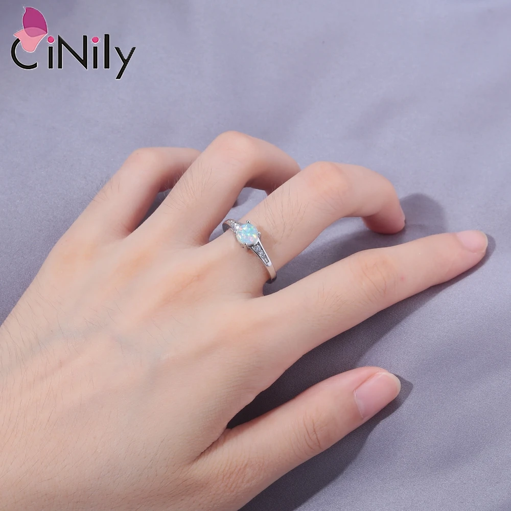 CiNily Simple Female Created White Fire Opal Round Rings with Cubic Zirconia Silver Color Wedding Rings for Women Fashion Jewelr