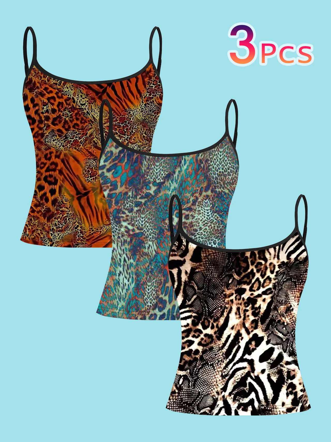 Conjunto de 3 piezas de camisetas sin mangas con estampado de animales mixtos (leopardo, tigre y serpiente) en naranja, rojo, azul, verde, marrón, beige y blanco, estilo salvaje vintage, camisetas sin mangas ajustadas, prenda interior o exterior de estilo Y2K, moderna y elegante.