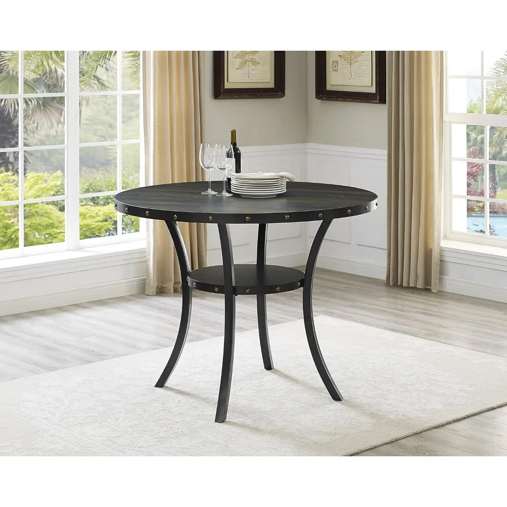 Espresso Wood Counter Height Dining Set with Blue Fabric Nailhead Stools,