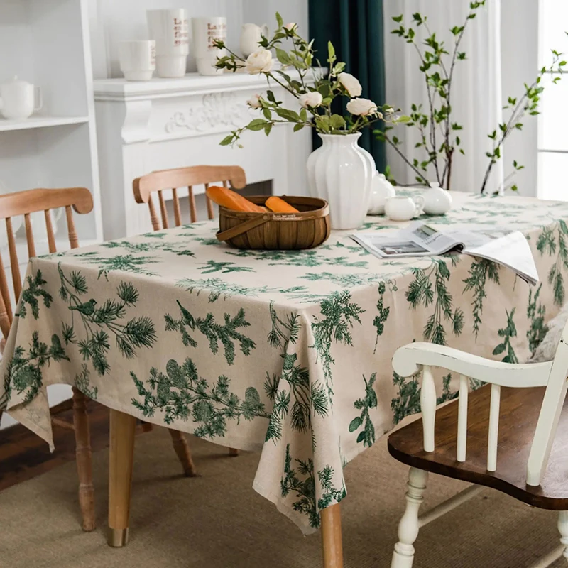 Green Printed Pines Birds Tablecloths Rectangle Cotton Linen Table Cloth Table Cover for Kitchen Dining Tables Picnic Decoration