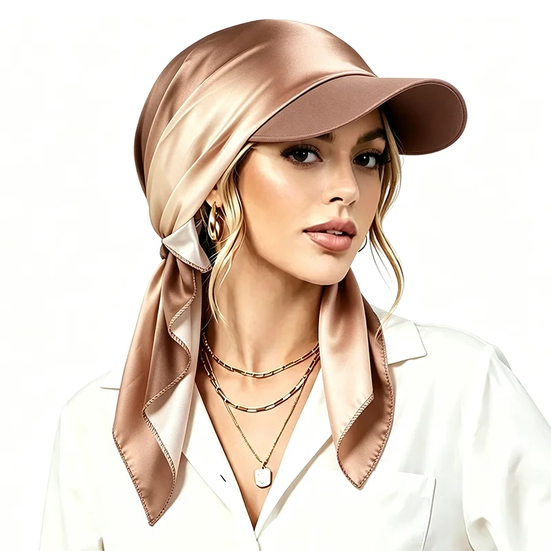 New Women Satin Gradient Hat with Brim Sun Hats Bandana Hair Cover Summer Soft Breathable Headscarf Visor Caps Baseball Cap