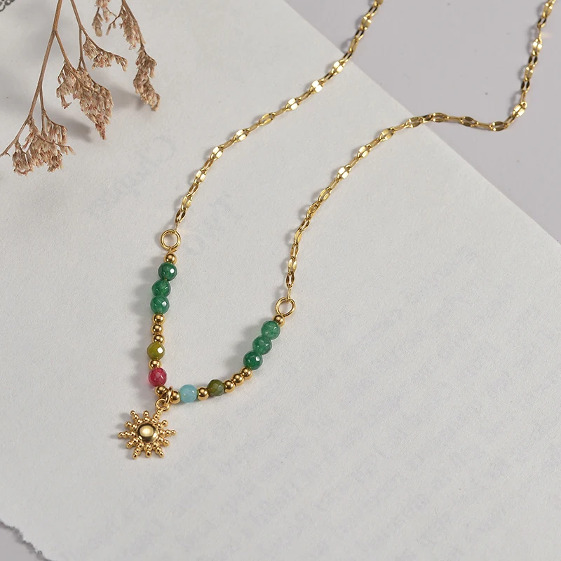 Bohemia Colorful Natural Stone Beaded Necklaces Vintage Sun Eye Stainless Steel Women Necklaces Summer Jewelry