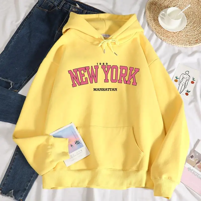 New York Pink Printed Women\'S Hoodie Fashion Versatile Sweatshirts Unisex Drawstring Hoodies Streetwear Comfortable Clothing