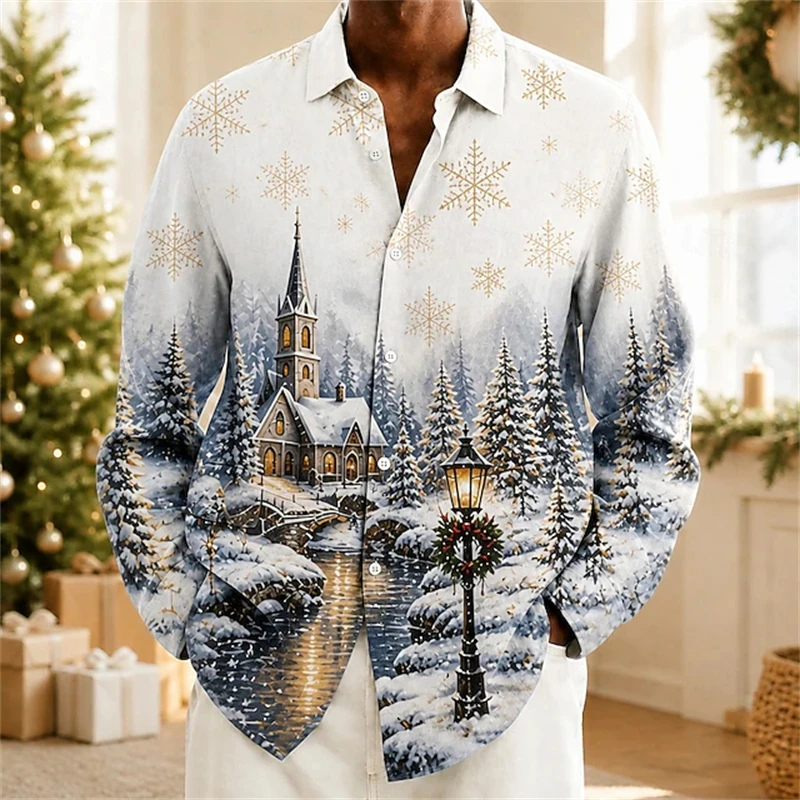 Men’s Long-Sleeve Christmas Shirt Featuring A Snowy Christmas Village Scene Casual Collared Shirt Festive Party-Themed Top