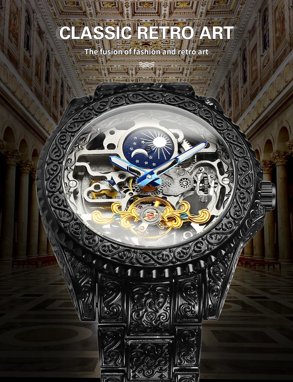 FORSINING Vintage Carving Mens Watch Automatic Skeleton Mechanical Luminous Luxury Stainless Steel Fashion Moon Phase Wristwatch