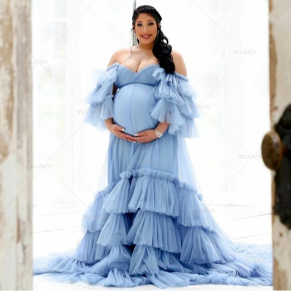 

Blue Maternity Dresses for Photography Sweetheart Tiered Skirts Maternity Gown Photoshoot Outfit Maxi Gowns Pregnancy Women Robe