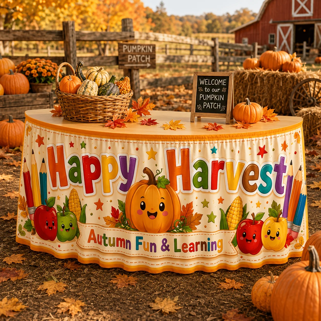 Party table skirt - 1-piece set. Harvest and Joy cartoon table skirt, cute pumpkin, apple, corn in various colors..zyc