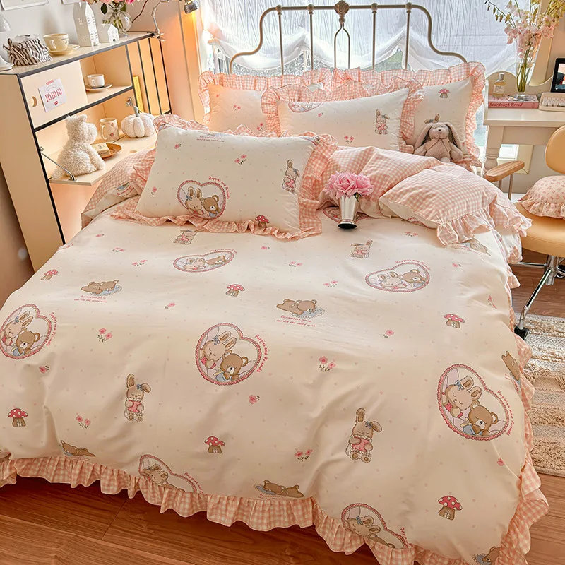 Korean princess style pure cotton bed four-piece set cotton small fresh girl bedding floral quilt cover bed sheet three-pieceset