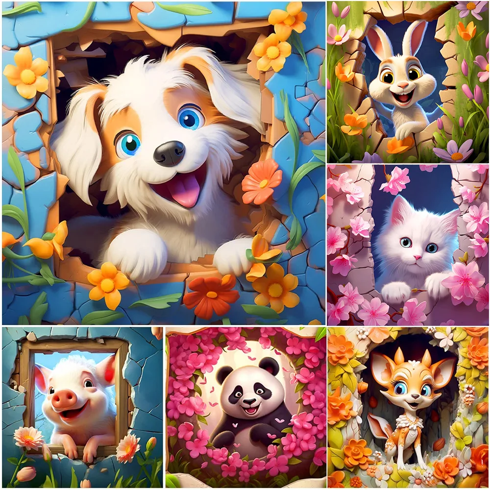 5D Pictures Break Wall Animals Cute Cartoon Art DIY Hand Diamond Painting Mosaic Cross Stitch Kit Kids Room Home Wall Decor Gift