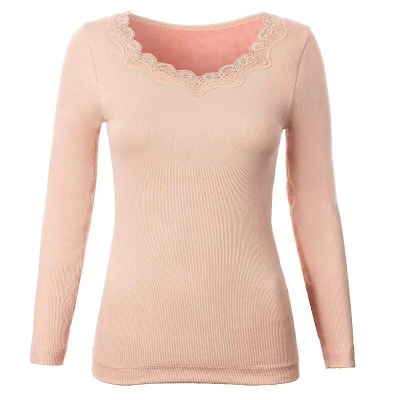 New Lace Bottoming Shirt for Women Winter Women's Thermal Underwear Plus Velvet V&O-Neck Basic Thermos Long-sleeved Tops Female