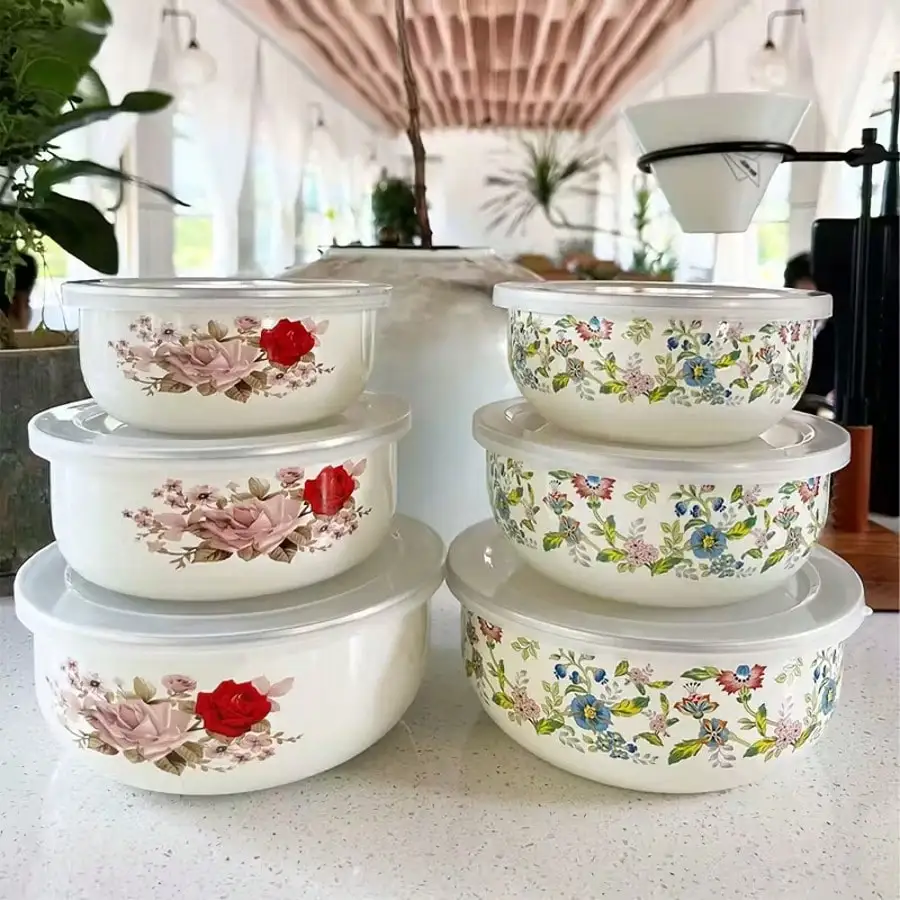 3pcs Multicolor Enamel Sealed Container Set, Food Preservation Bowls, Available In 12/14/16 Sizes, Storage Containerr Fruits And Vegetables, Multipurpose Food Storage,