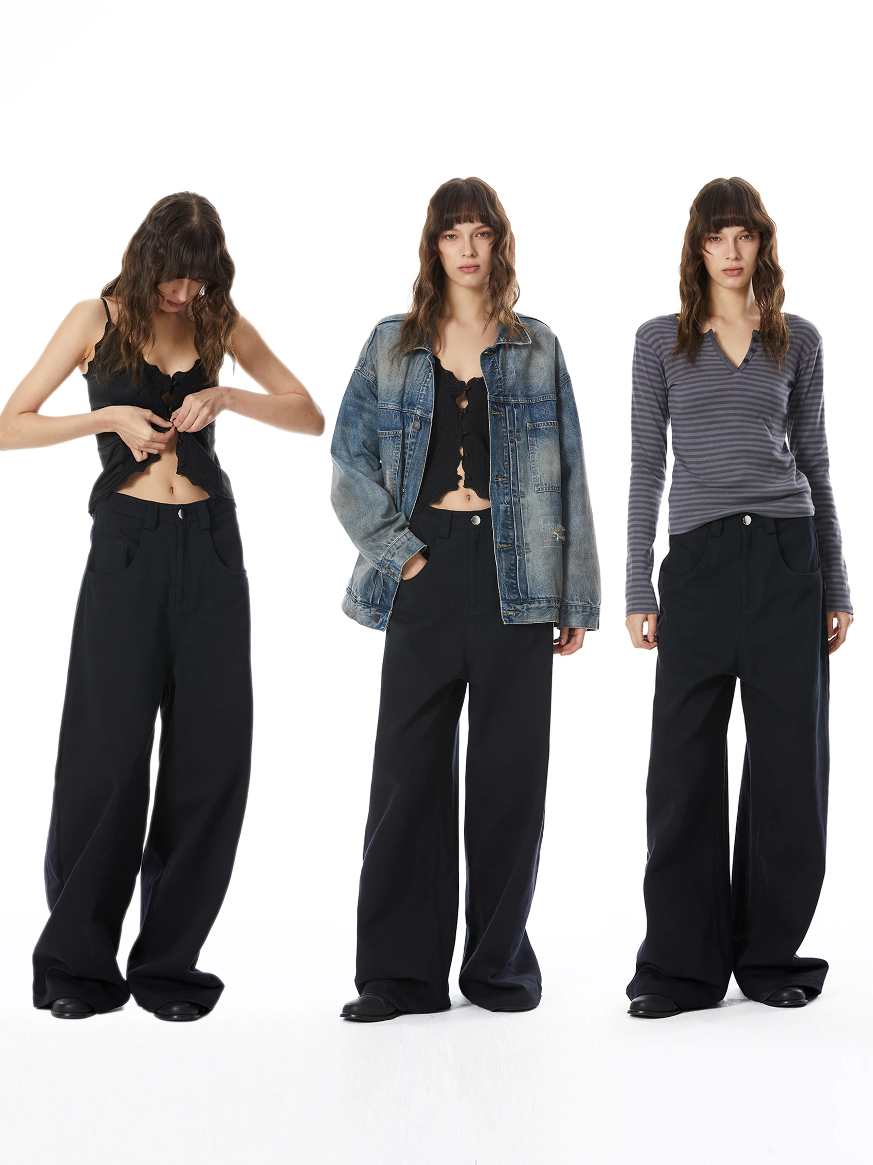 

Bla Supermodel God Pants Retro Simple Pure Color Wide Leg Straight Casual Jeans Long Trousers by 0247 Project for Young Women