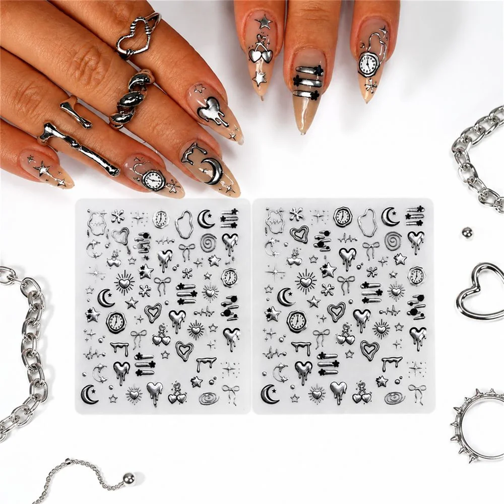 1Pc Gothic Self‑Adhesive Punk Nail Stickers 5D Hot‑Silver Y2K Melting Heart Clock Bow Moon Star Decals DIY Nail Art Accessories