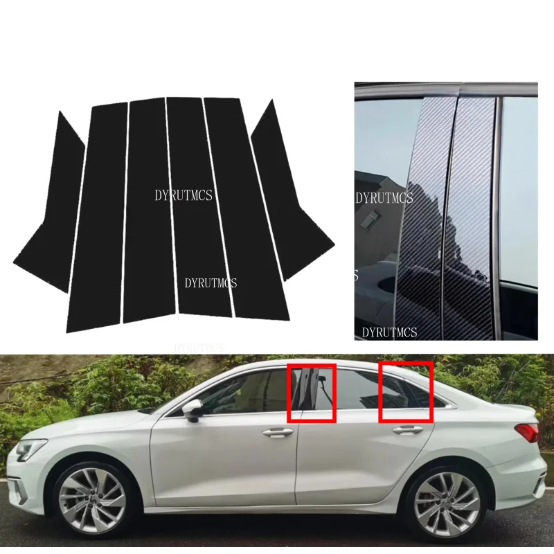 6pcs Glossy Black Pillar Posts  Fit For Audi A3 8Y 2021-2022 Silver Carbon Door Side Decor Window Cover Sitcker