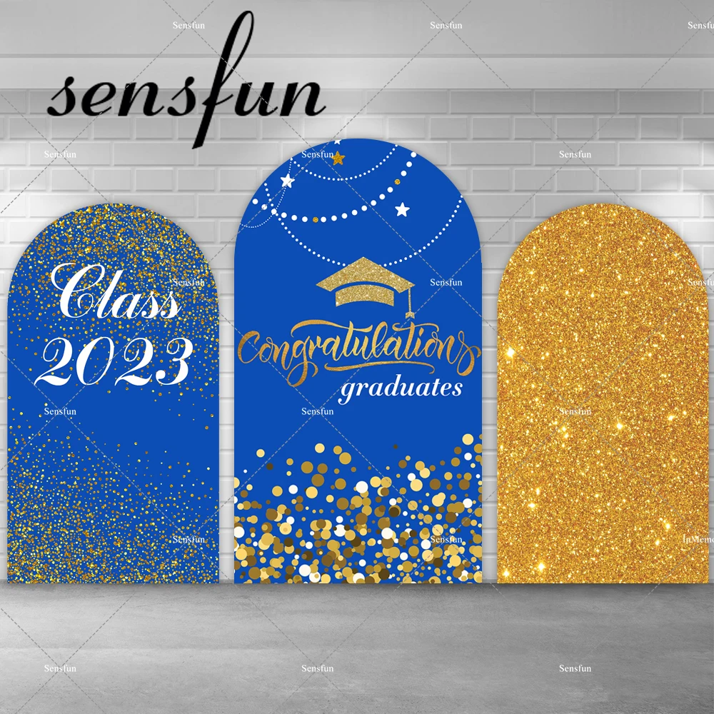 Congratulation Graduation Arch Backdrop Cover Royal Blue Gold Glitter Class Of 2023 Bachelor Cap Chiara Photography Background