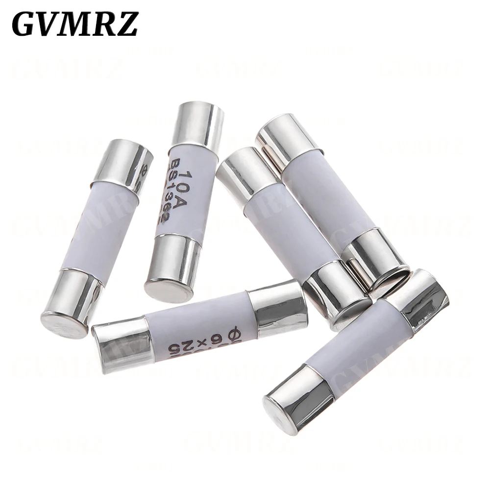 10PCS 6*25mm Ceramic Fuse 6*25 Ceramic insurance Tube 6X25MM 0.5A 1A 2A 3A 5A 6A 7A 8A 10A 15A 20A 25A 30A 250V RO57 Fuse BS1362