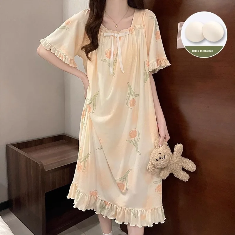 

New Ice Silk Ribbed Padded Sleepwear Dress for Women, Summer Ruffle Short Sleeve Lace Homewear, Thin Nightgown Summer Style
