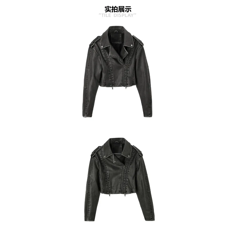 2025 Coal Graysty Le Women's Washed Leather Jacket with Belt, Short Coat with Downgraded Zipper and Vintage Lapel Jacket