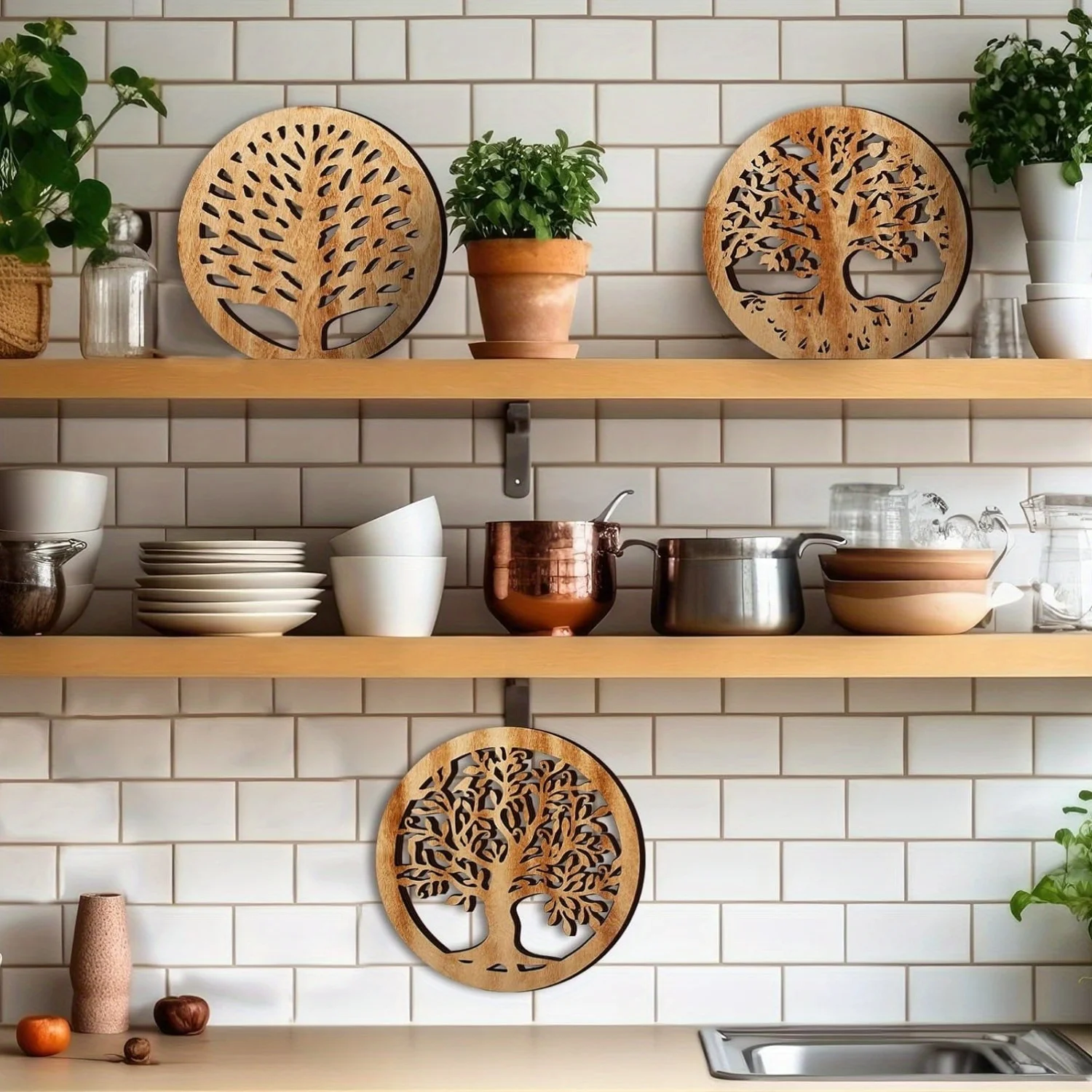 3pcs Wooden Tripods Featuring The Tree of Life Design, Each Measuring 6.9 Inches.Heat-Resistant Trays And Are Ideal for Kitchens