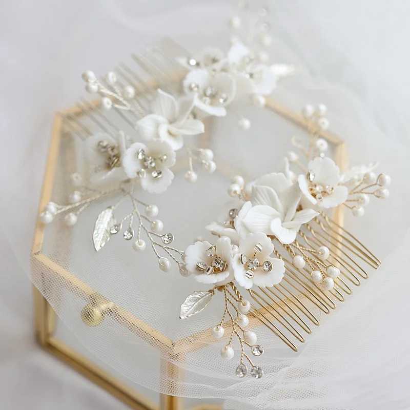 

Flower Bridal Hair Combs Headpieces Women Pearl Bride Hairpin Clips Wedding Hair Accessories Prom Wedding Hair Piece Headdress