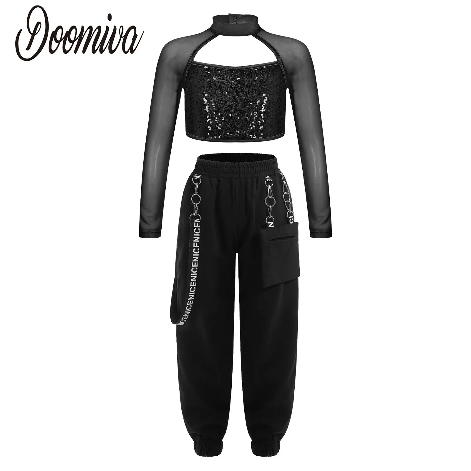 

Girls Hip Hop Clothes 2 Piece Outfits Sequin Cutout Crop Tops Cargo Pants Set Jazz Street Dancewear Performance Costume for Kids