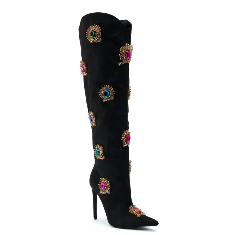 2025 Sexy Knee High Black Flock Crystal Decor Boots Stilettos High Heel Women Shoes Side Zipper Pointed Toe Zapatos Para Mujere