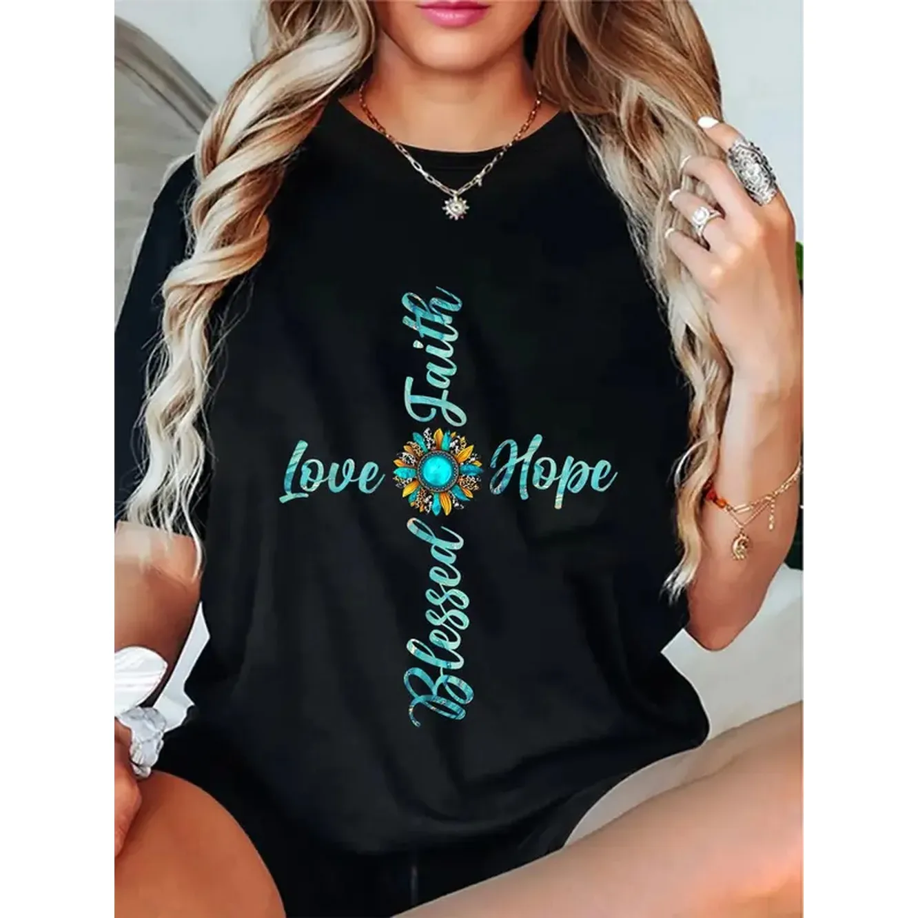100% Cotton Unisex Jesus Faith Hope Love Sunflower Leopard Christian Women T-Shirt Christ Christian Tops