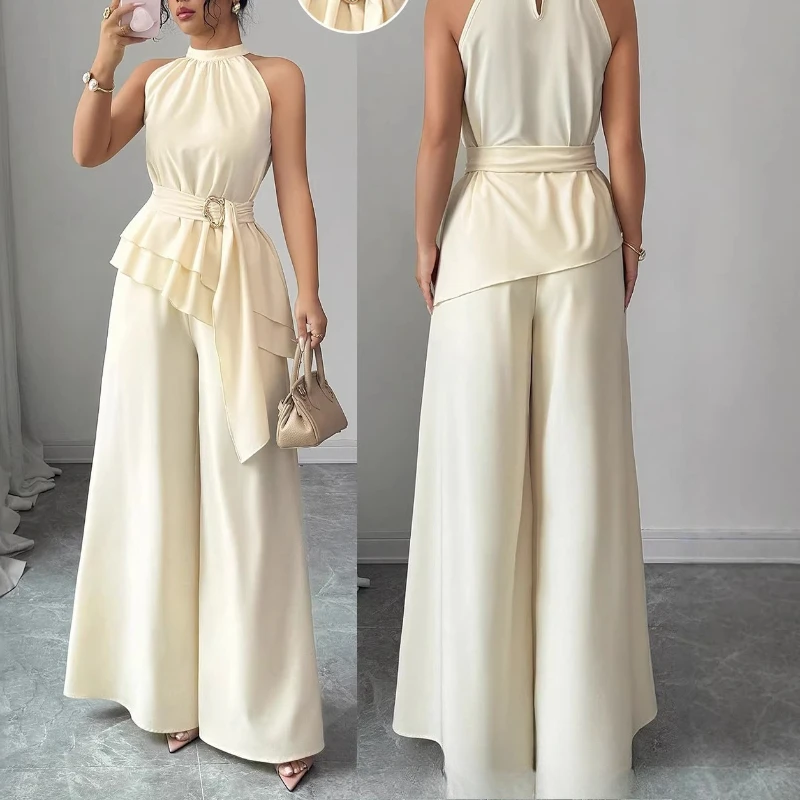 

European Women's 2026 Spring Summer Fashion Two-Piece Set Solid-Color Elegant Look Round-Neck Sleeveless Top and Wide-Leg Pants