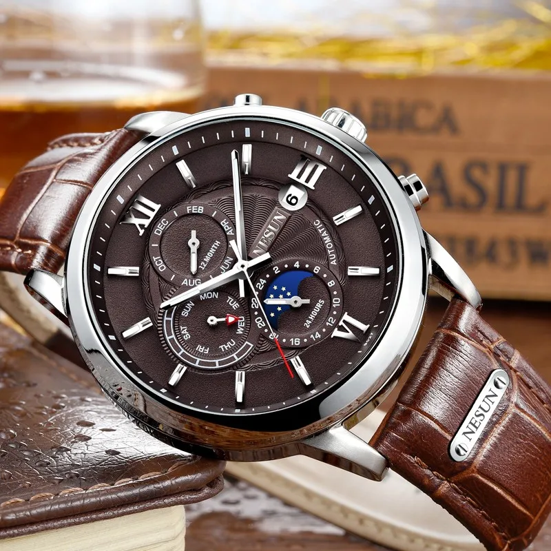 Nesun für männer uhr automatische armbanduhr mechanische multifunktion ale mond phase leuchtende zeiger chronograph kalender zegarek meski