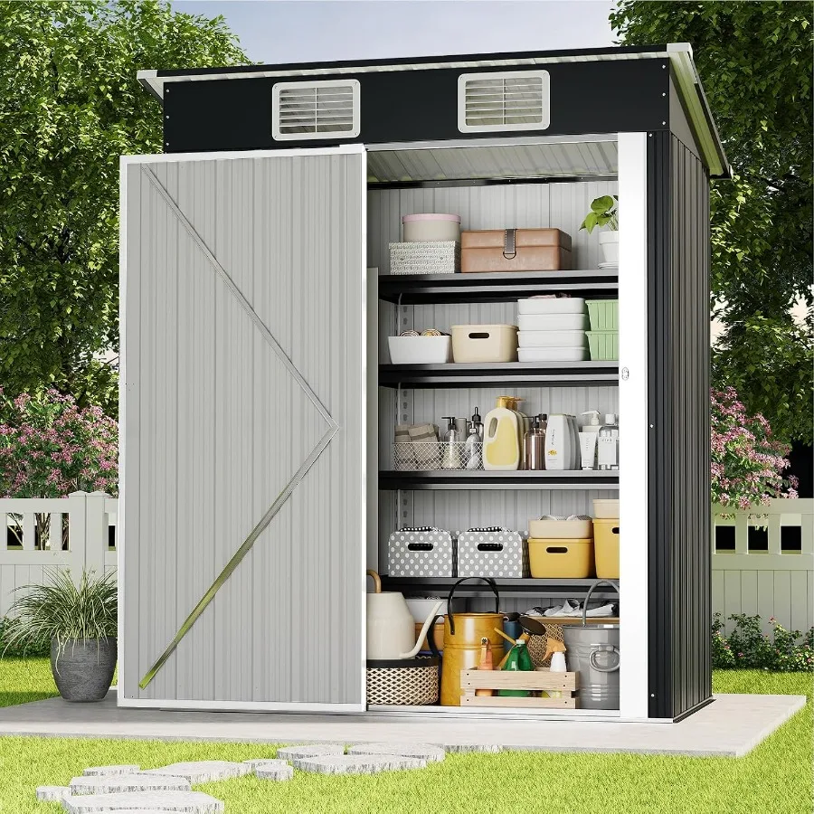 Outdoor Storage Shed for Backyard, Patio, Poolside Weatherproof Steel Construction, Gray Finish, Lockable Double Doors, Sloped