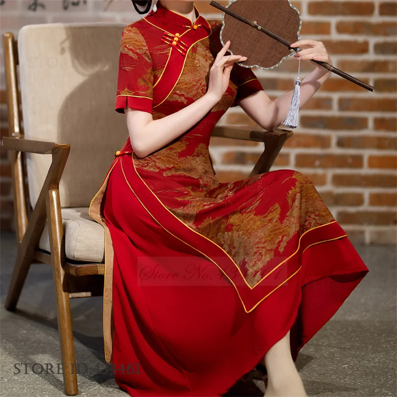 Largre Size Traditional Chinese Ao Dai Qipao Lady Long Dress Classic Print Cheongsam Sexy Slim Satin Vestidos Evening Party Gown