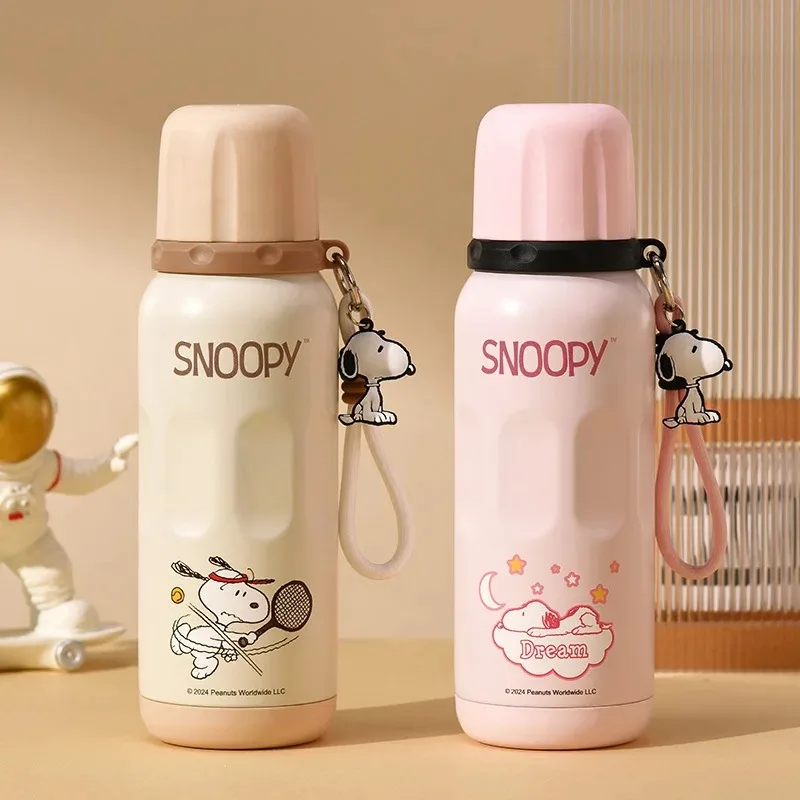 New Peanuts Snoopy Insulated Water Bottle 600Ml Straw Direct Pour Lid Vacuum Flask Cute Pink Portable Travel Thermos with Charm
