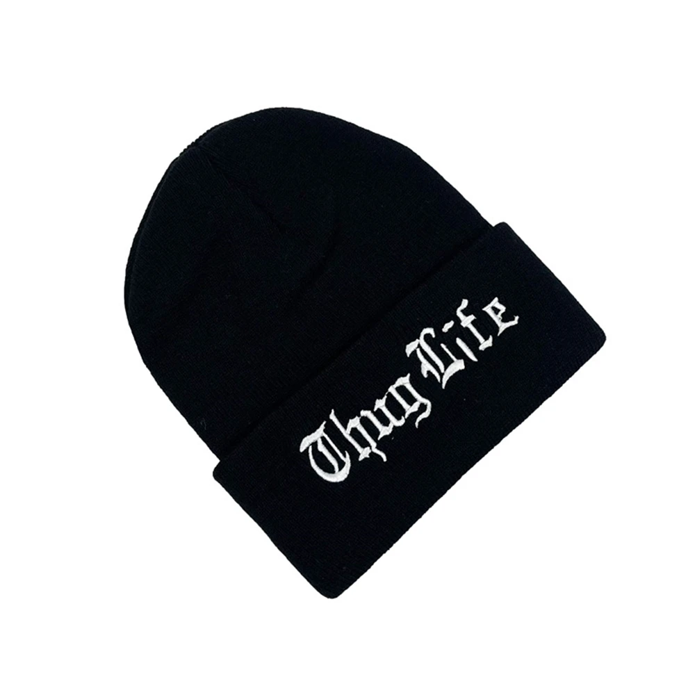 Autumn Winter Outdoor Flanged Cold Hat Thug Life Embroidered Knitted Hat Fashion Soft Elastic Beanie Cap for Man Women
