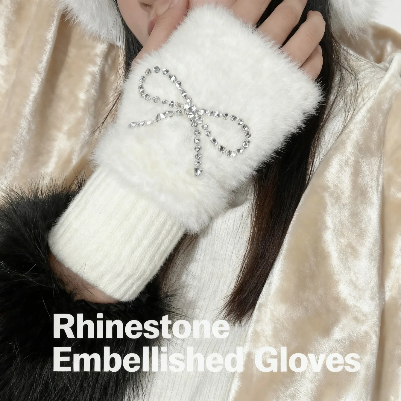 

Милые атмосферные перчатки без пальцев, зимние вязаные перчатки со стразами и бантом, теплые открытые пальцы, повседневные перчатки для свиданий