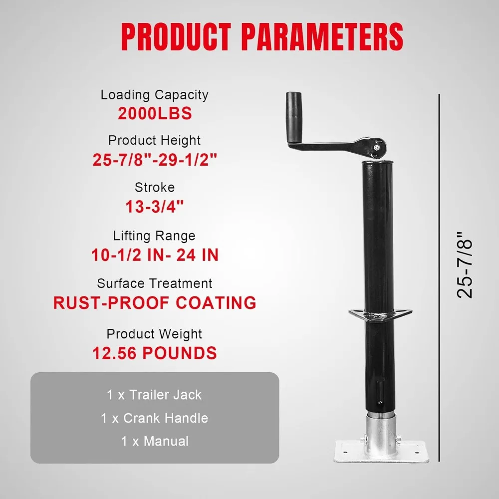 2000LB A-Frame Trailer Jack, 14" Vertical Travel, Top-Wind Handle with Foot Plate for Camper RV