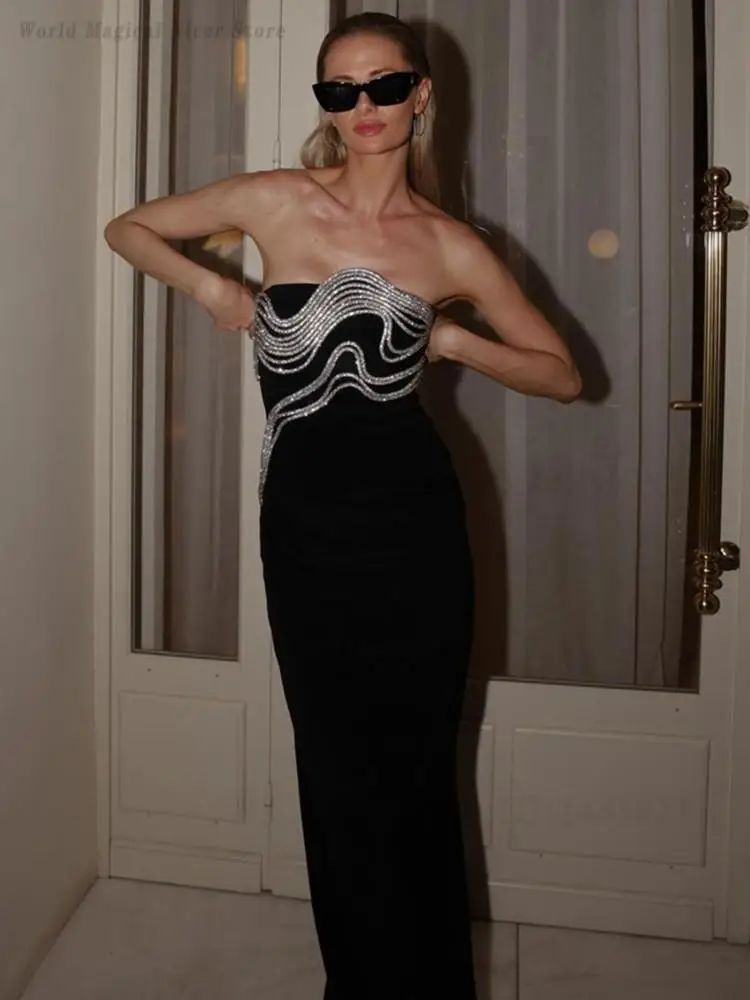 Women New Arrival European American Strapless Rhinestone Chain Bandage Maxi Dress Sexy Bodycon Red Carpet Banquet Cocktail Party