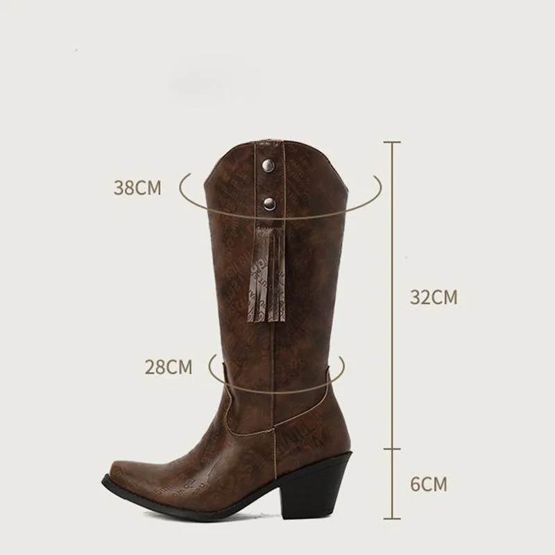 ASILETO 2024 Female Boots Toe Tassel Ridding  Wide Leg Tube Block Heels 6cm Slip On Size US14 43 44 45 Leisure Daily Booties