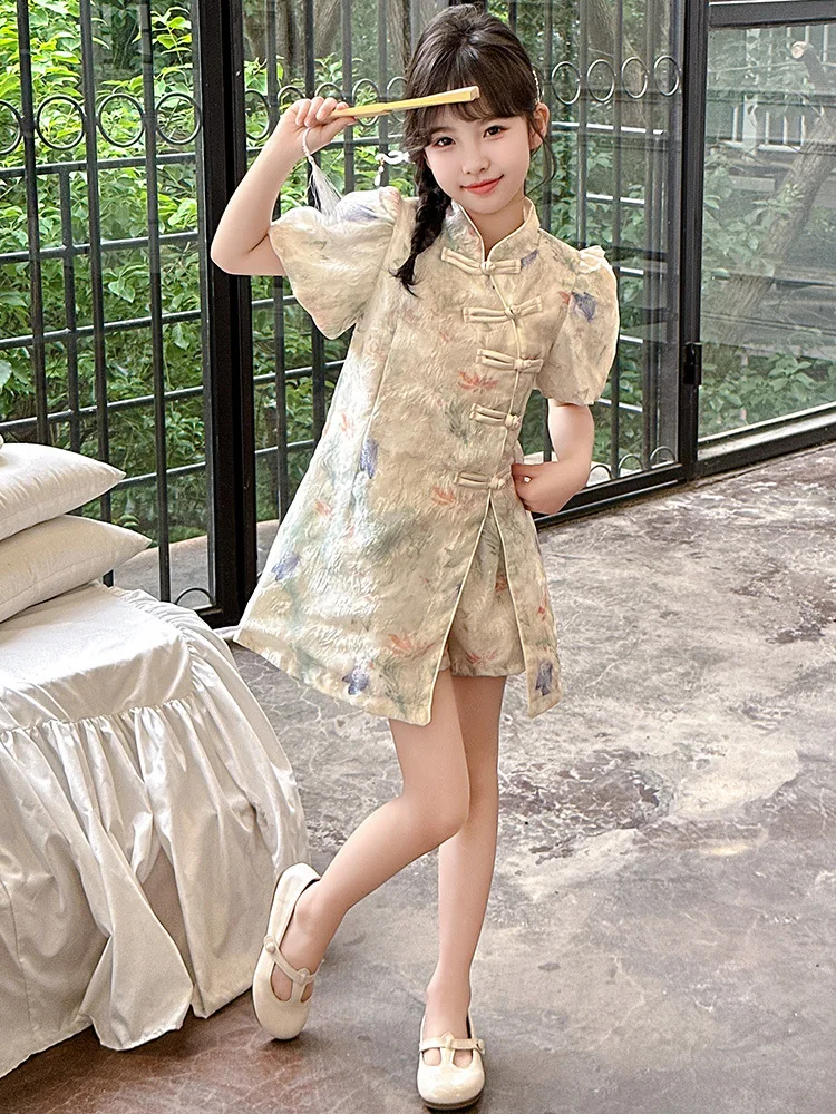 Novo verão retro estilo estrangeiro vestido de princesa estilo chinês roupas tradicionais meninas cheongsam saia elgant qipao