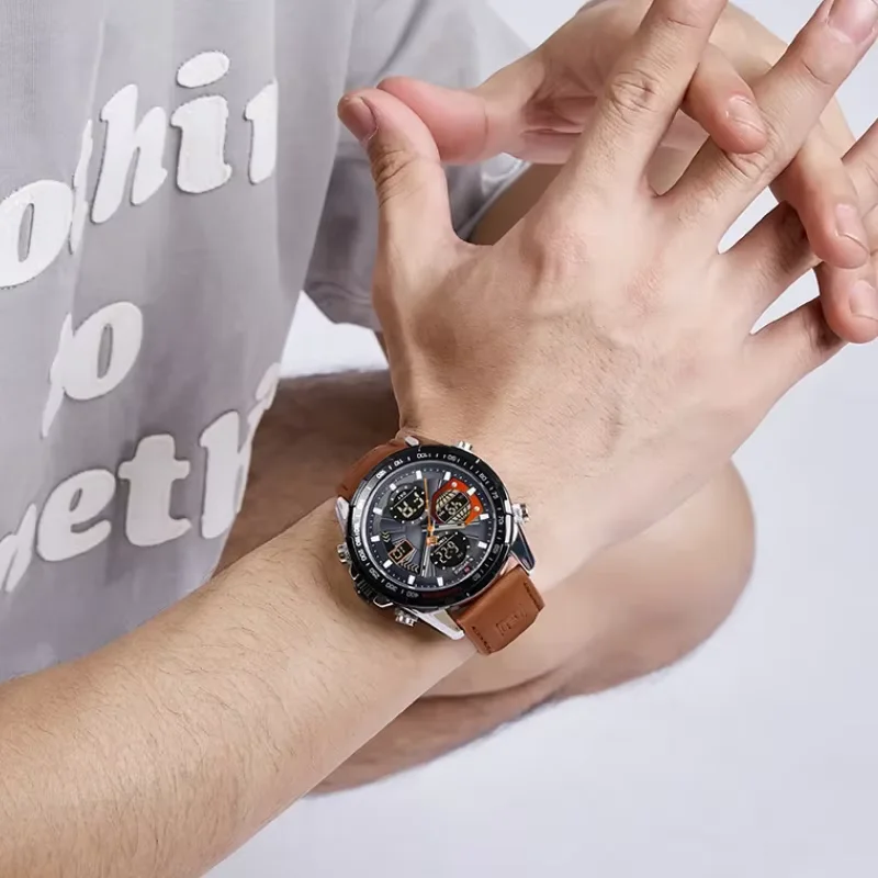 NAVIFORCE Uhren für Herren, Sport, stark leuchtend, Dual-Display, wasserdicht, Quarz-Armbanduhr aus echtem Leder, Relogio Masculino 2026