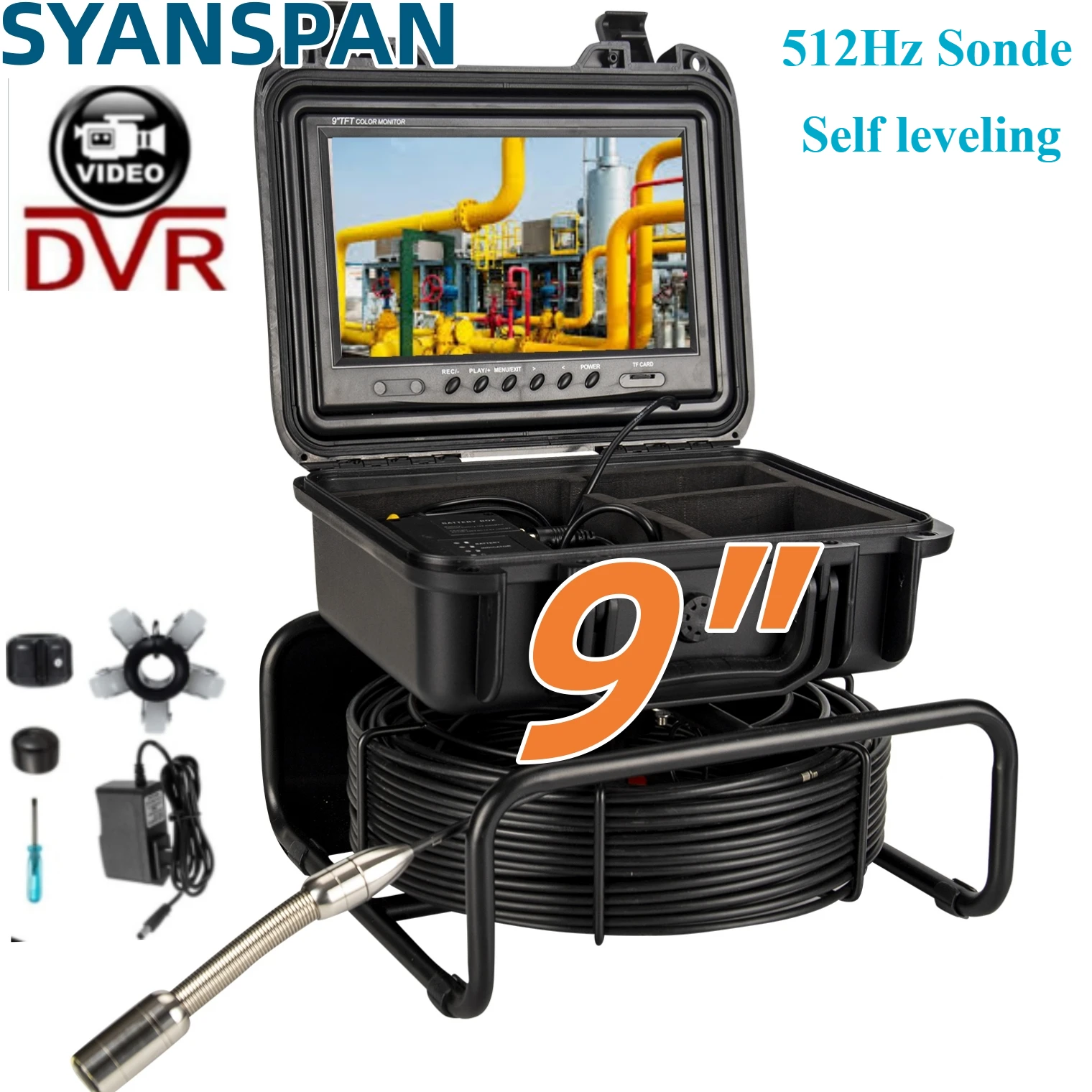 

SYANSPAN Sewer Pipe Inspection Camera 512Hz Sonde+Selveling,Industrial Endoscope Drain Camera DVR Video 9inch 1080P Screen 30M