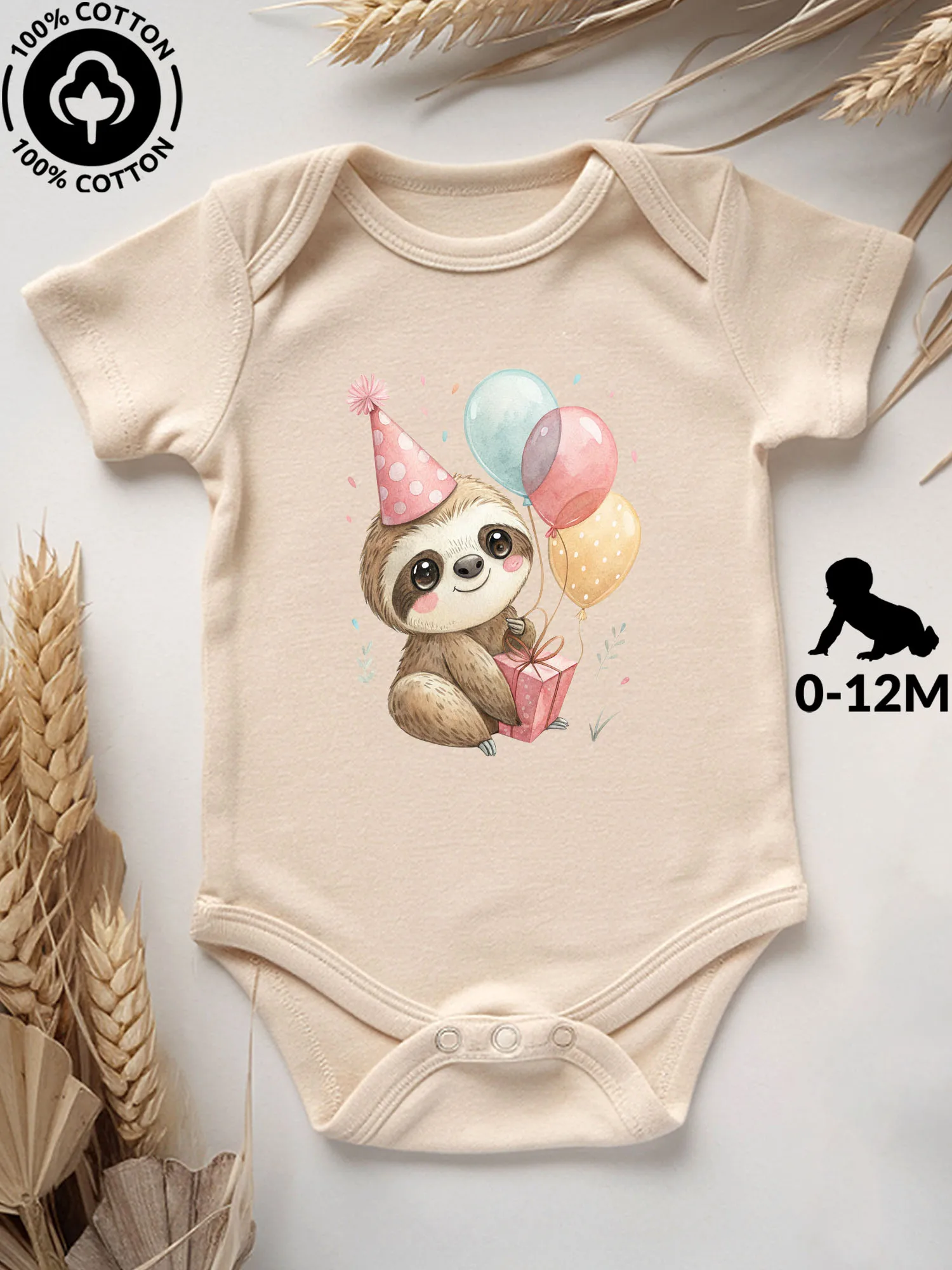 

Birthday Sloth And Balloons Unisex Baby Bodysuit, 100% Cotton Soft Onesie, All-Season Wear Beige Crawling Suit 190GSM