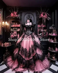 Vintage Gothic Prom Dress Black Pink Lace Tulle Appliqued Puffy Dress Customisation Victorian Party Dresses Dresses for special