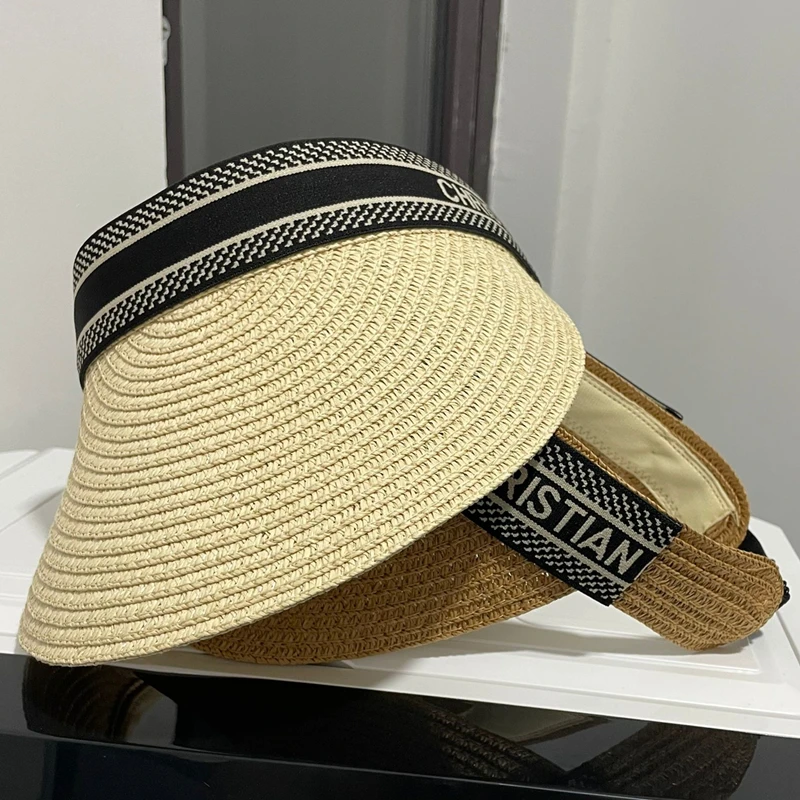 Sombrero de paja tejido a mano para mujer, gorro de viaje para playa, protección solar, Simple, ajustable, elástico, hueco, Top, Verano