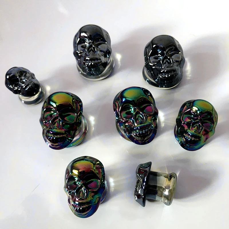 2 PC Skull Head Glass Ear Piercing Expander Plugs Ear Tunnels Earrings Gauge Pierc Jewelry Oreja Expansores Reamer Ear Stretcher