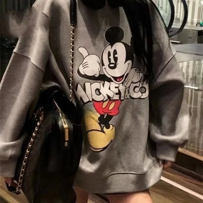 بلوفر ديزني ميني كارتون كاواي عصري للسيدات مطبوع عليه رسوم كرتونية ميكي متوسط الطول برقبة دائرية بلوفر فضفاض متعدد الاستخدامات